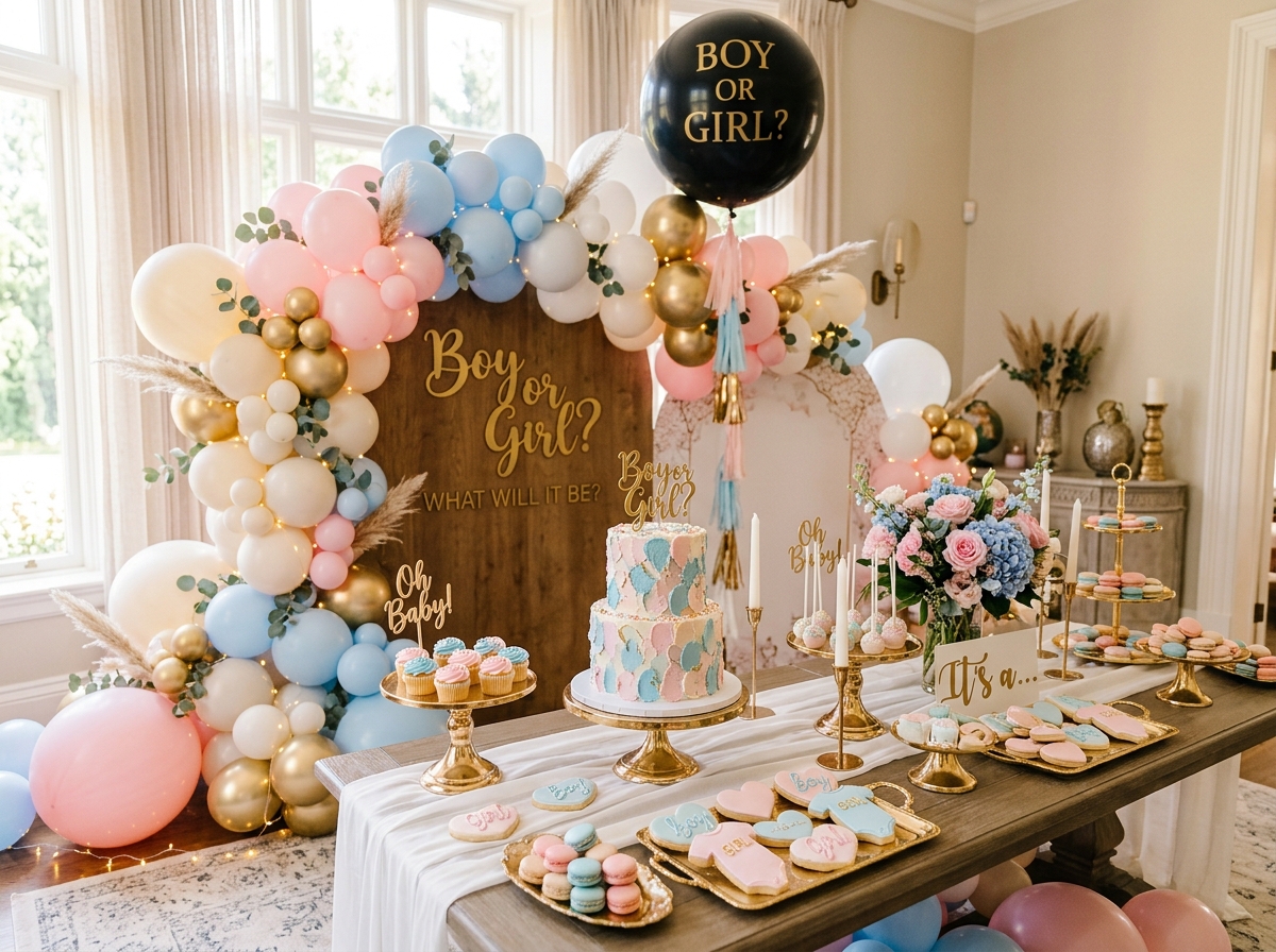Decoração de Chá Revelação com bolo Boy or Girl, balões rosa e azul