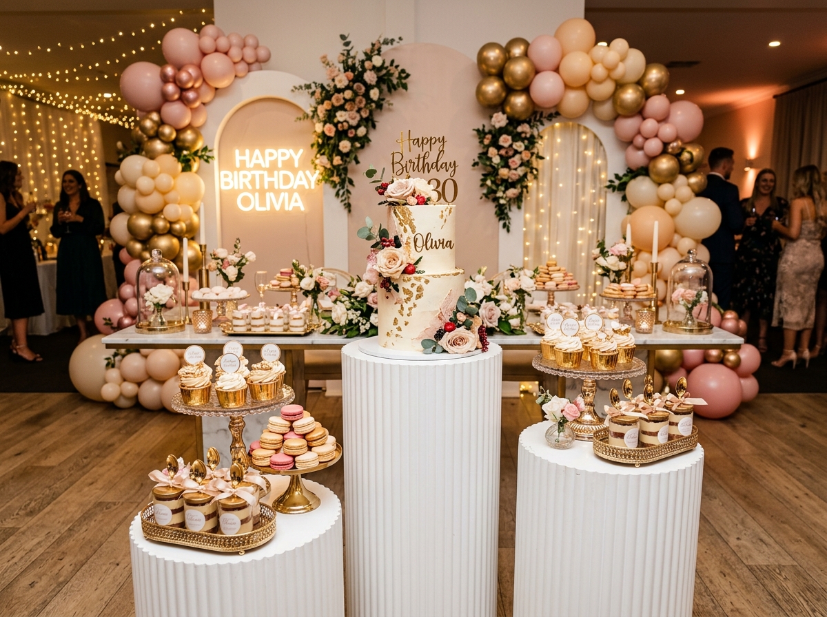Mesa de doces de festa com cilindros canelados brancos, bolo e macarons